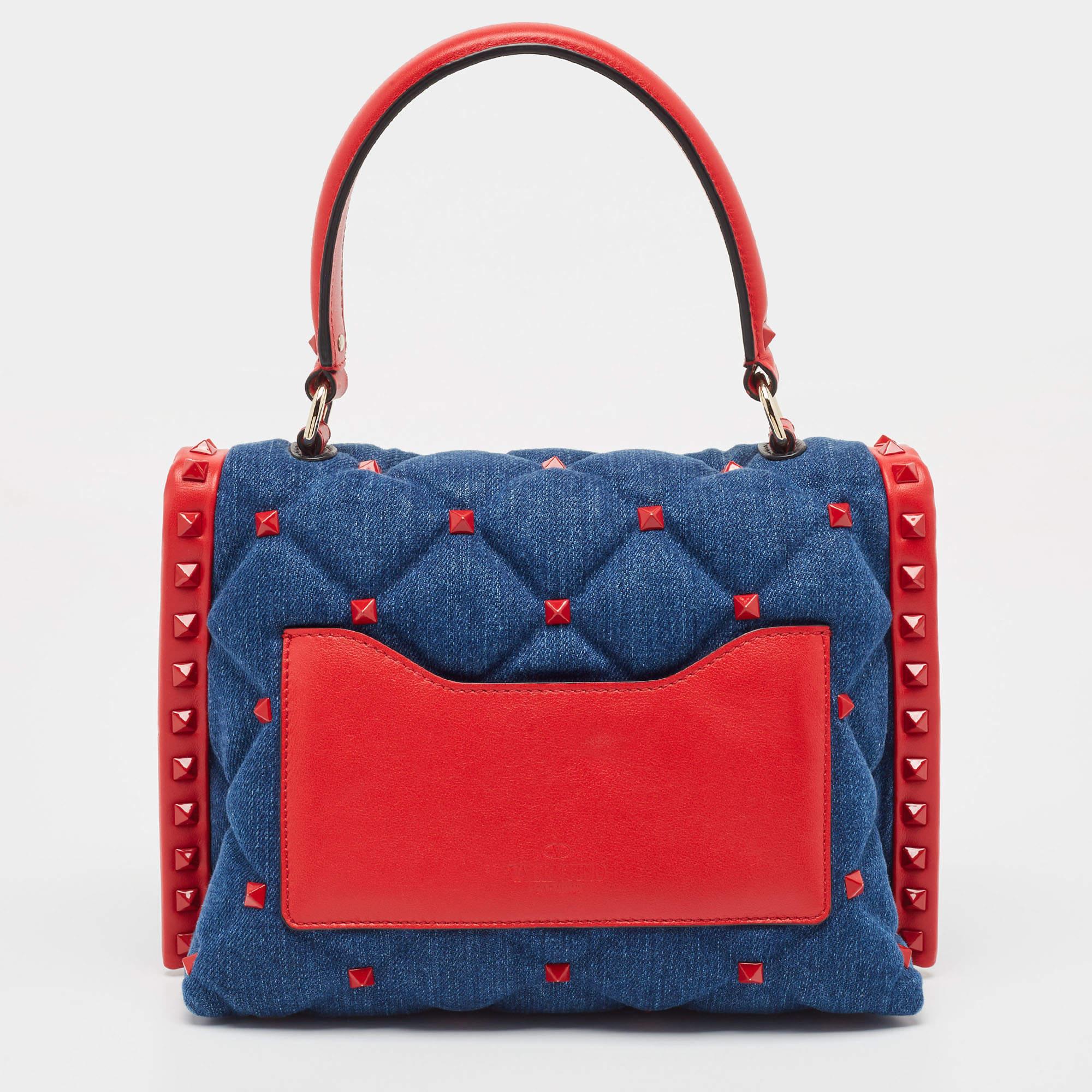 Valentino Blue/Red Denim and Leather Candystud Top Handle Bag For Sale 2