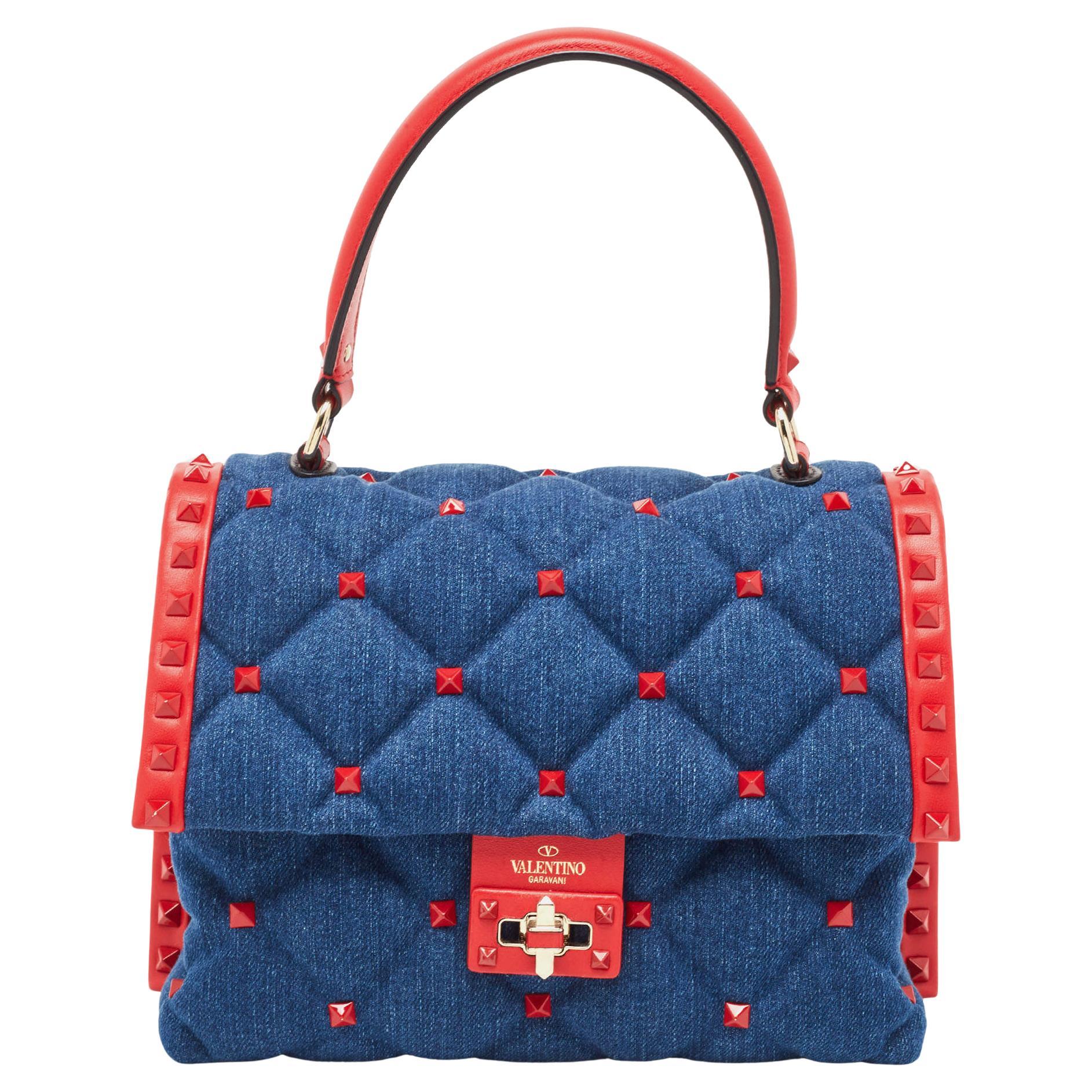 Valentino Blue/Red Denim and Leather Candystud Top Handle Bag For Sale