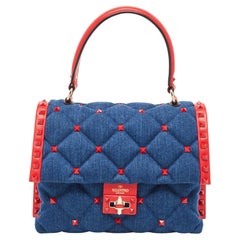 Valentino Blau/Rote Candystud Top Handle Bag aus Denim und Leder