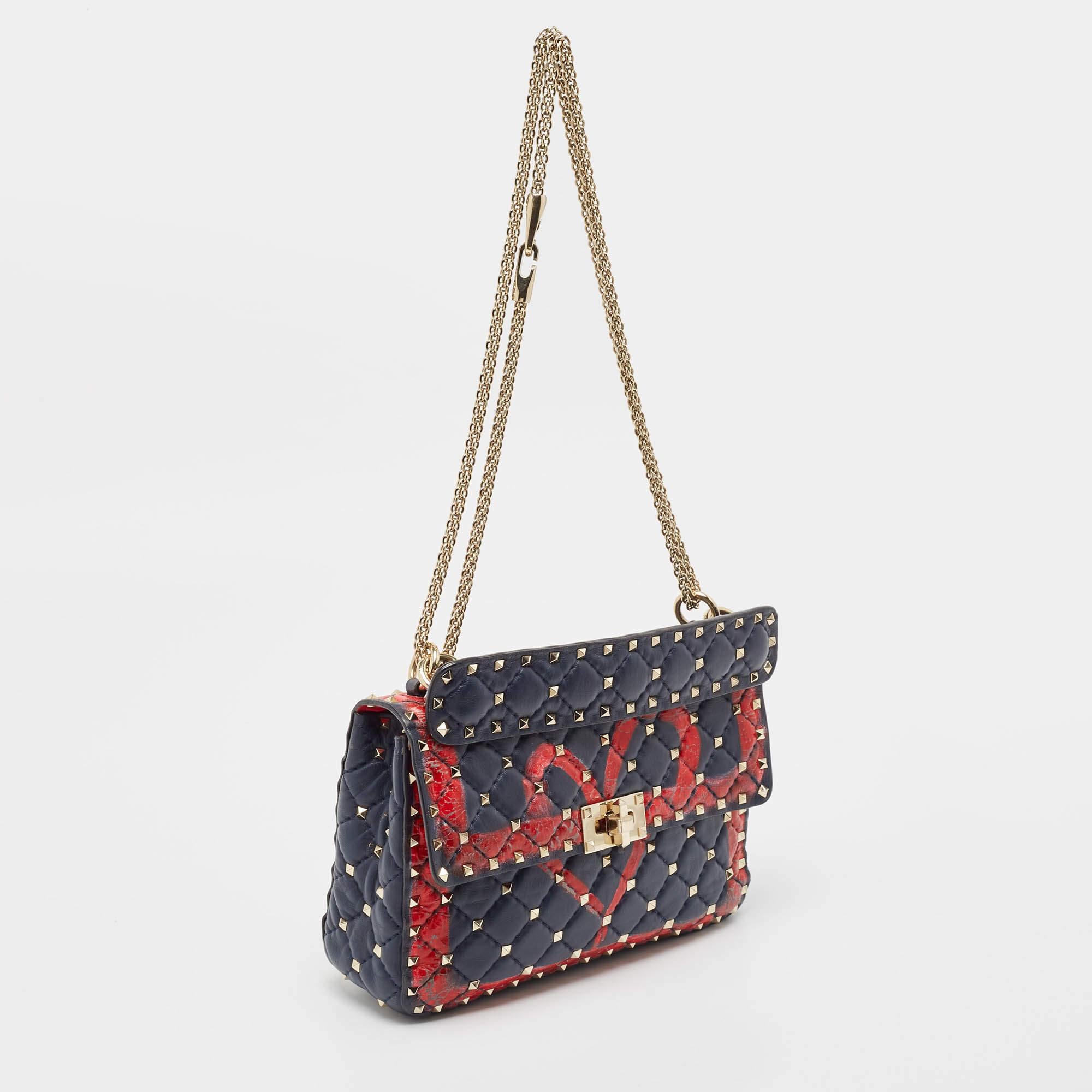 Brown Valentino Blue/Red Quilted Leather Medium Rockstud Spike Heart Top Handle Bag