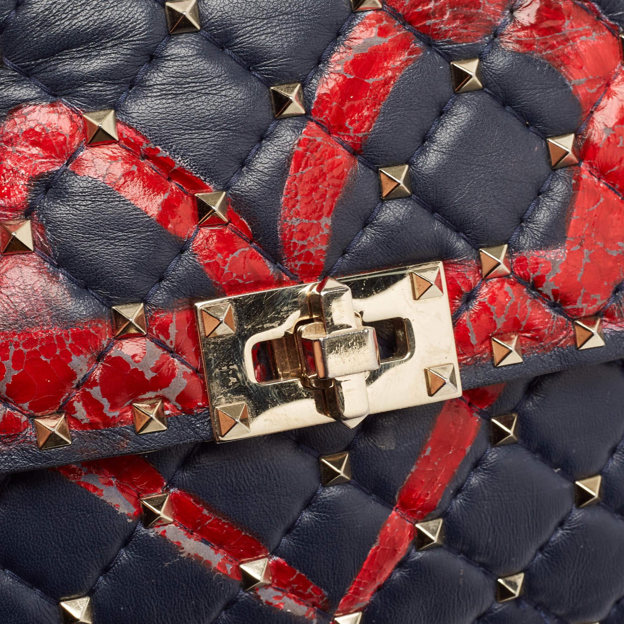 Valentino Blue/Red Quilted Leather Medium Rockstud Spike Heart Top Handle Bag 2