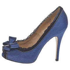 Valentino Blue Satin And Cutout Suede Bow Peep Toe Pumps Size 36