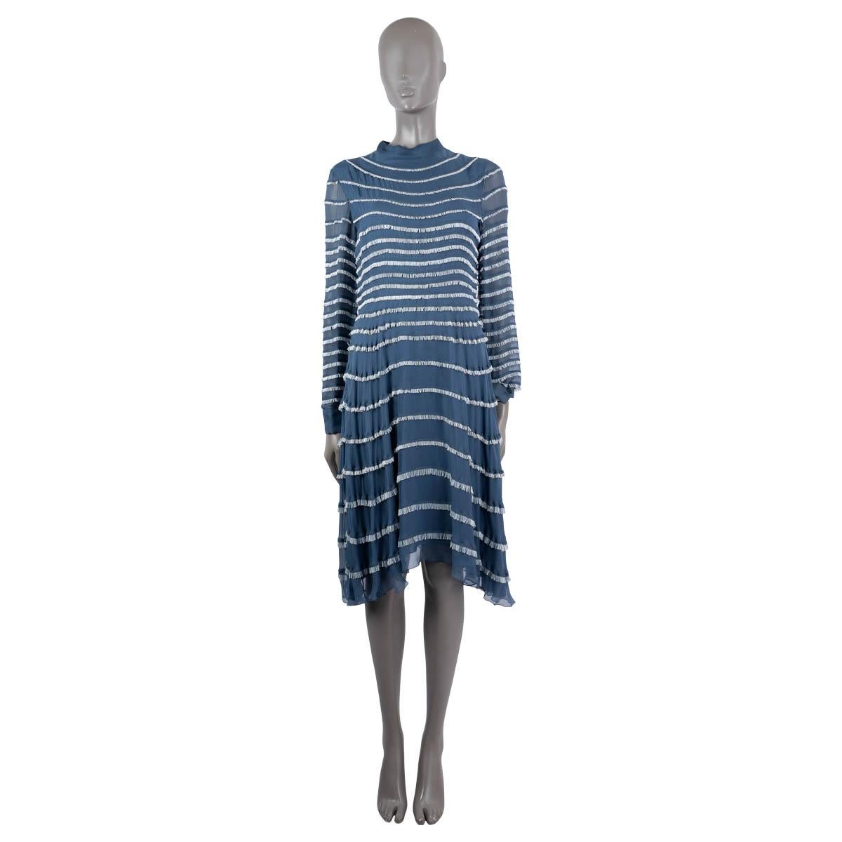 100% authentic Valentino bugle-beaded tie-neck dress in blue and white chiffon (100%). Size tag is missing. Lined in blue silk (100%). Has been worn and is in excellent condition. 

Measurements
Tag Size	Missing
Size	S
Shoulder Width	44cm