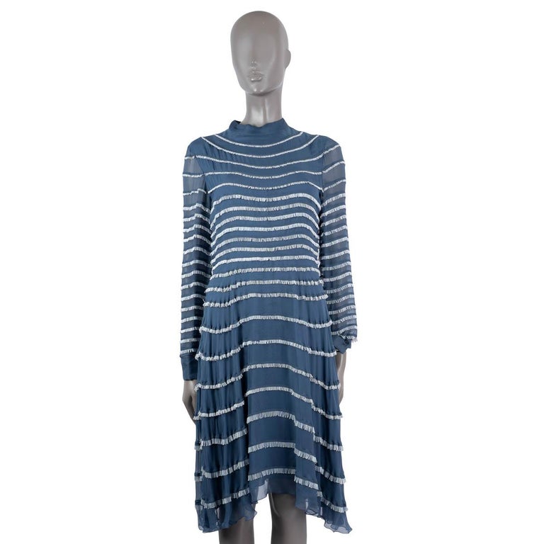 VALENTINO blue silk BUGLE BEADED CHIFFON TIE-NECK Dress S For Sale at  1stDibs