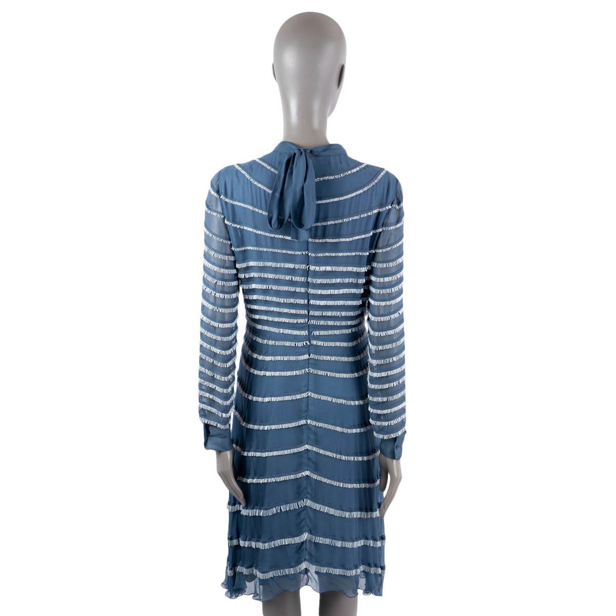 VALENTINO blue silk BUGLE BEADED CHIFFON TIE-NECK Dress S For Sale 1