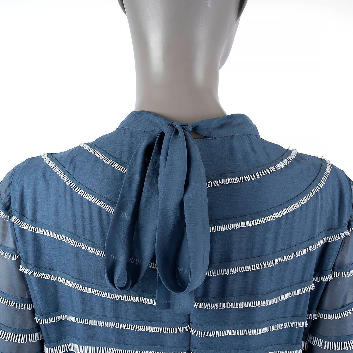 VALENTINO blue silk BUGLE BEADED CHIFFON TIE-NECK Dress S For Sale 3