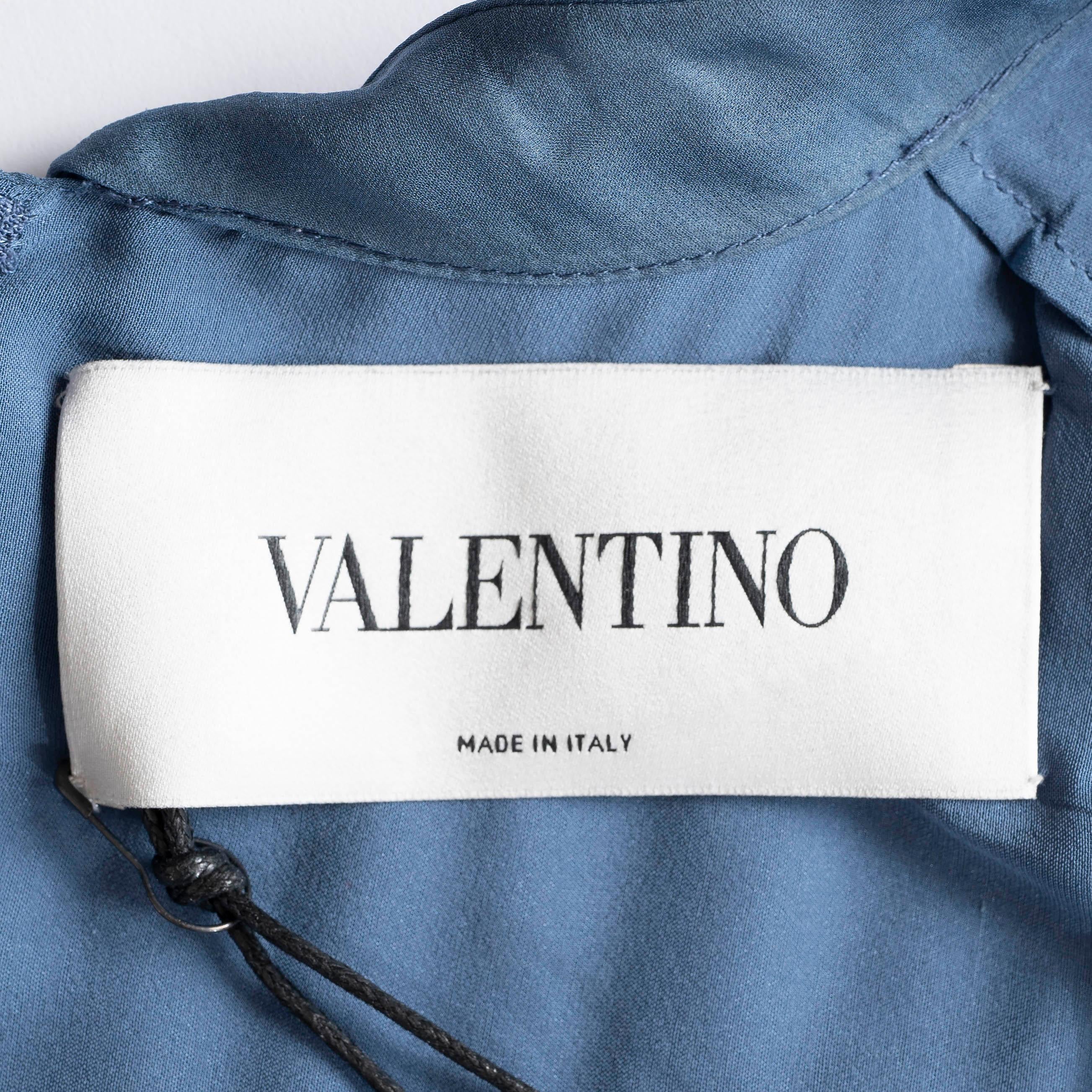 VALENTINO blue silk BUGLE BEADED CHIFFON TIE-NECK Dress S For Sale 4