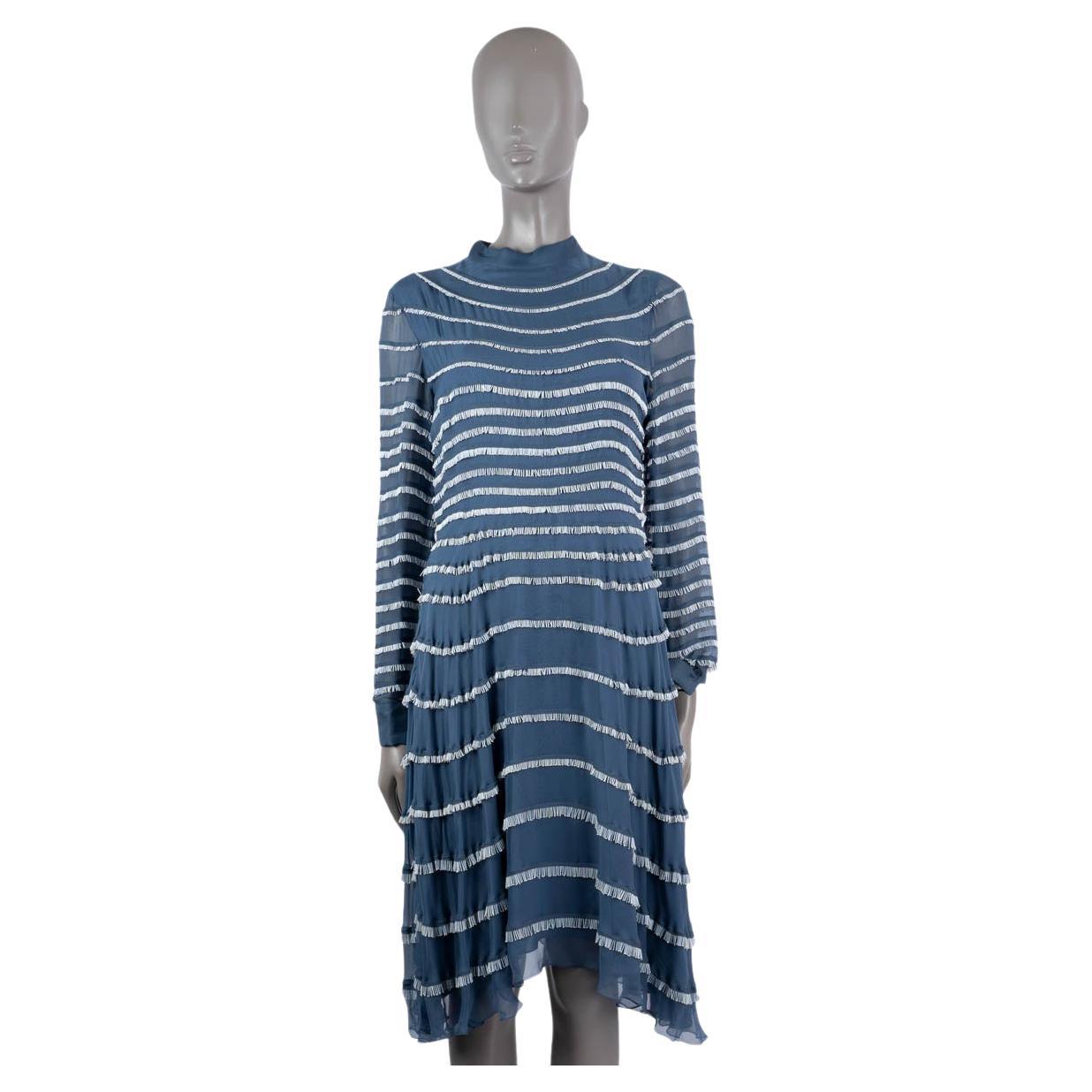 VALENTINO blue silk BUGLE BEADED CHIFFON TIE-NECK Dress S For Sale