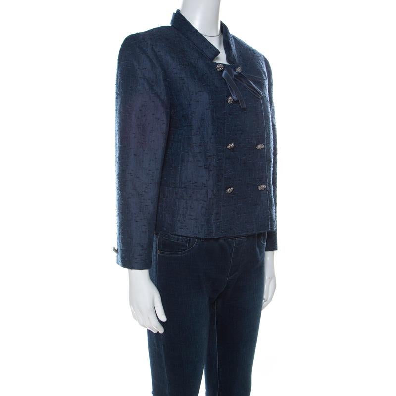 Black Valentino Blue Silk Jacquard Box Fit Cropped Jacket L For Sale