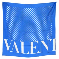 Vintage Valentino Blue Silk Polka Dot Monogram Large 77x77 Scarf 1990s