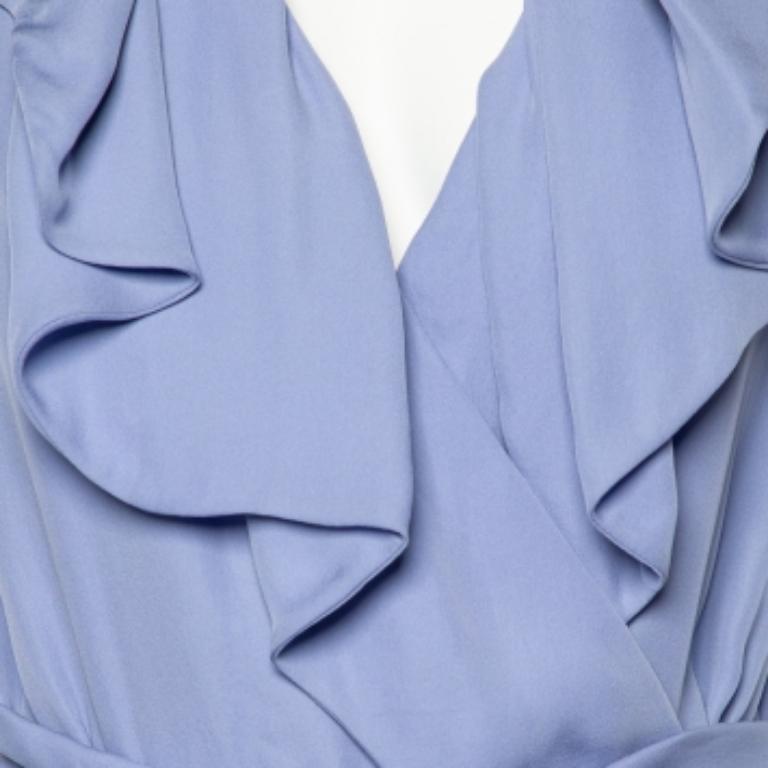 Valentino - Robe midi enveloppante ceinturée à col volanté en soie bleue L 2