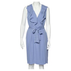 Valentino Blue Silk Ruffled Neck Detail Belted Wrap Midi Dress L