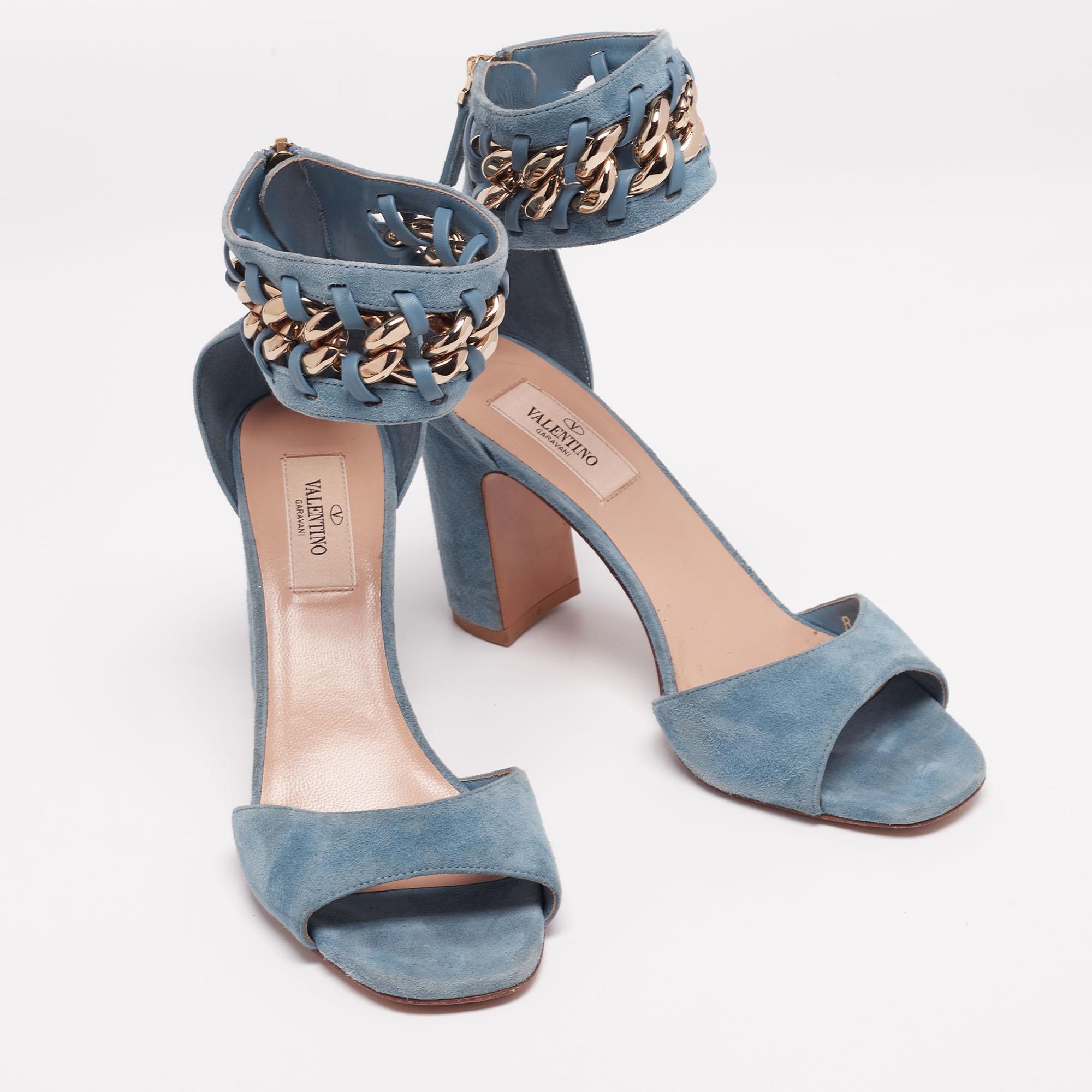 Gray Valentino Blue Suede Chain-Link Accent Ankle Cuff Sandals Size 37.5
