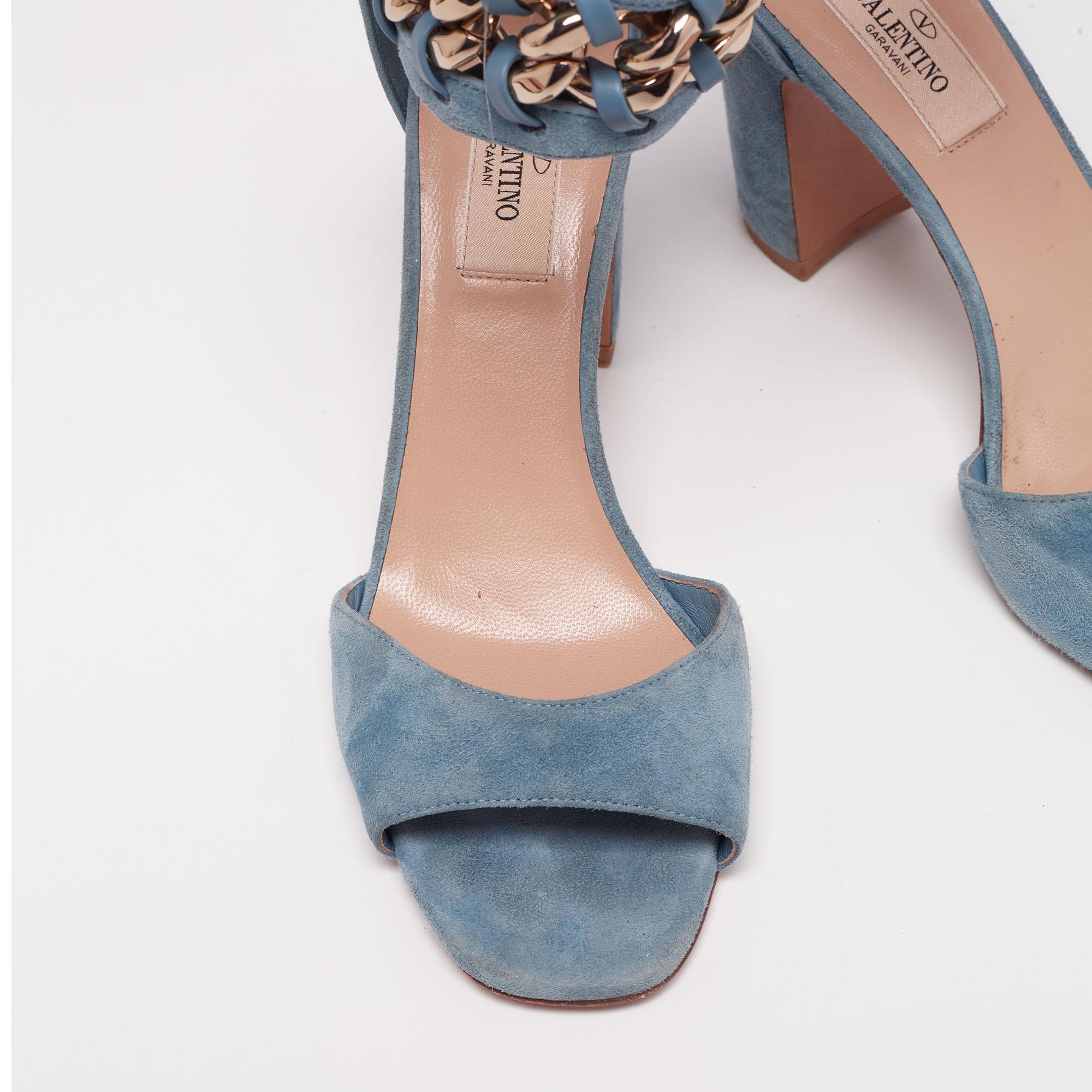 Women's Valentino Blue Suede Chain-Link Accent Ankle Cuff Sandals Size 37.5