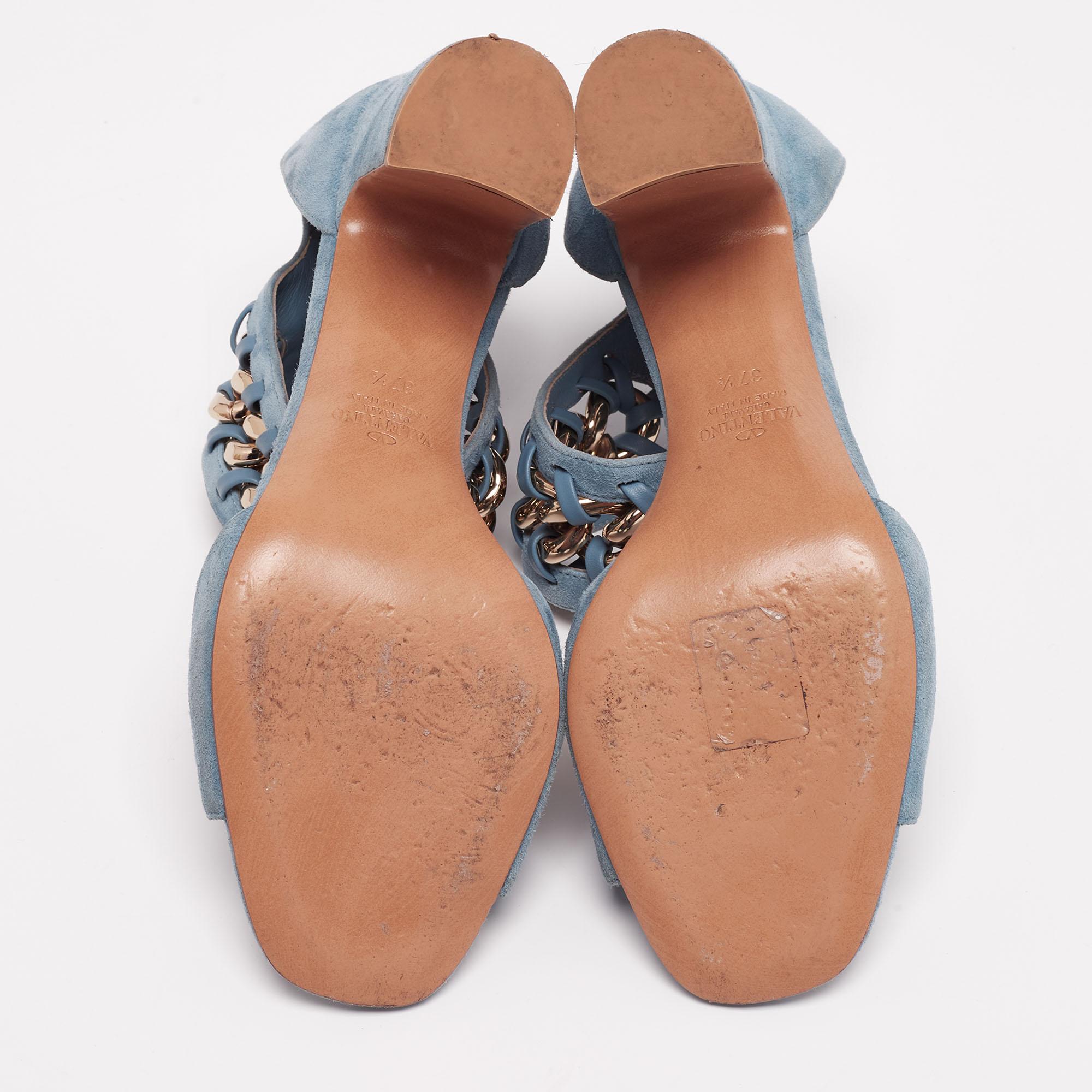 Valentino Blue Suede Chain-Link Accent Ankle Cuff Sandals Size 37.5 1