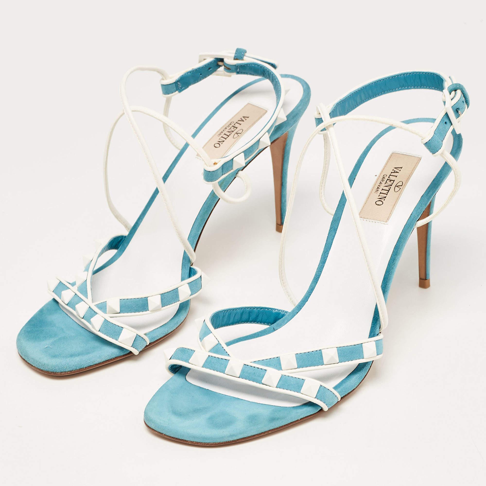 Valentino Blue Suede Rockstud Ankle Wrap Sandals Size 40 For Sale 2
