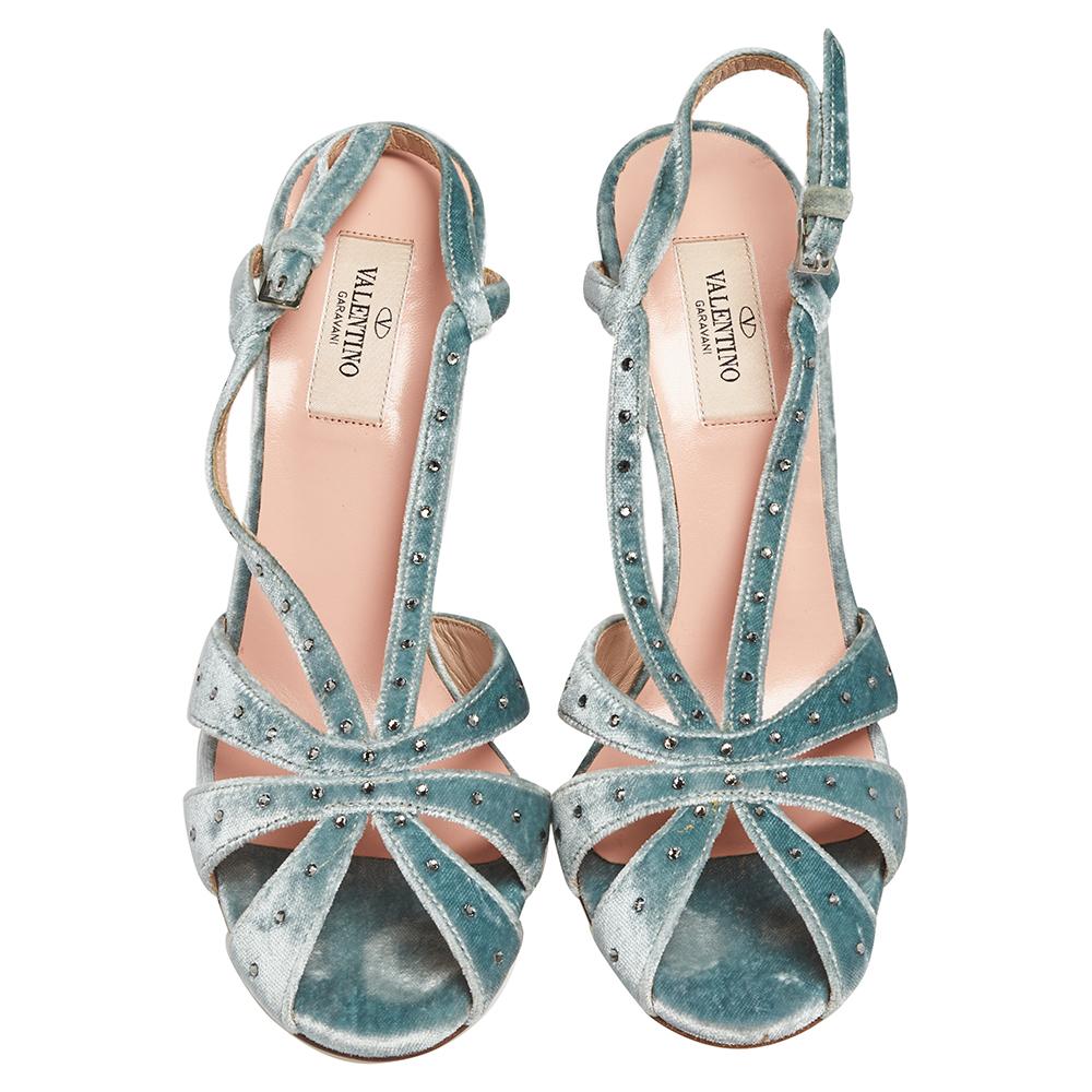 Gray Valentino Blue Velvet Embellished Slingback Sandals Size 39