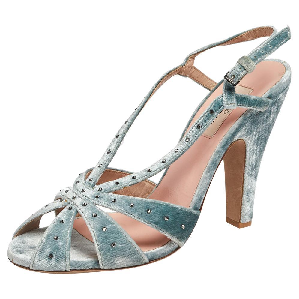 Valentino Blue Velvet Embellished Slingback Sandals Size 39