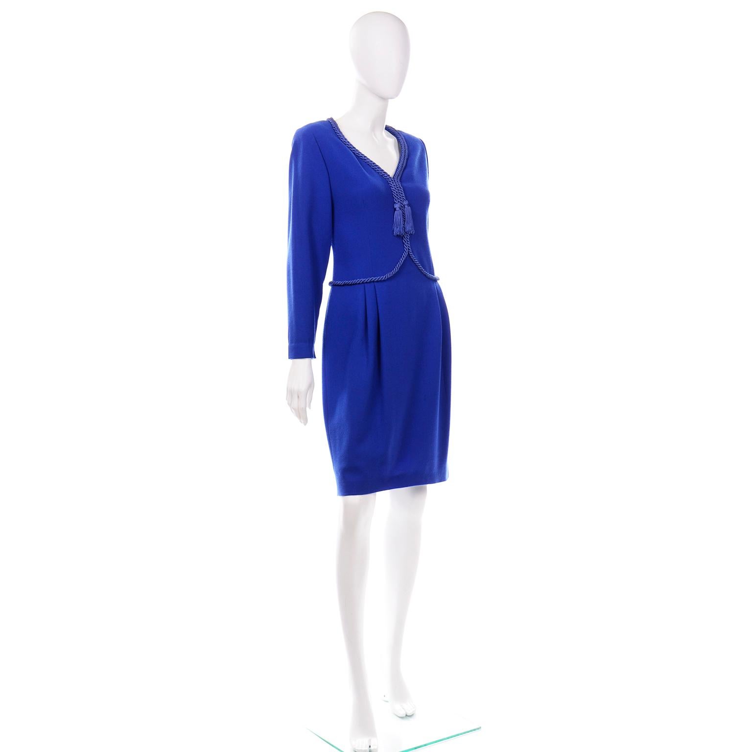 Valentino Blue Vintage Wool Crepe Dress With Rope and Tassel Details In Excellent Condition For Sale In Portland, OR