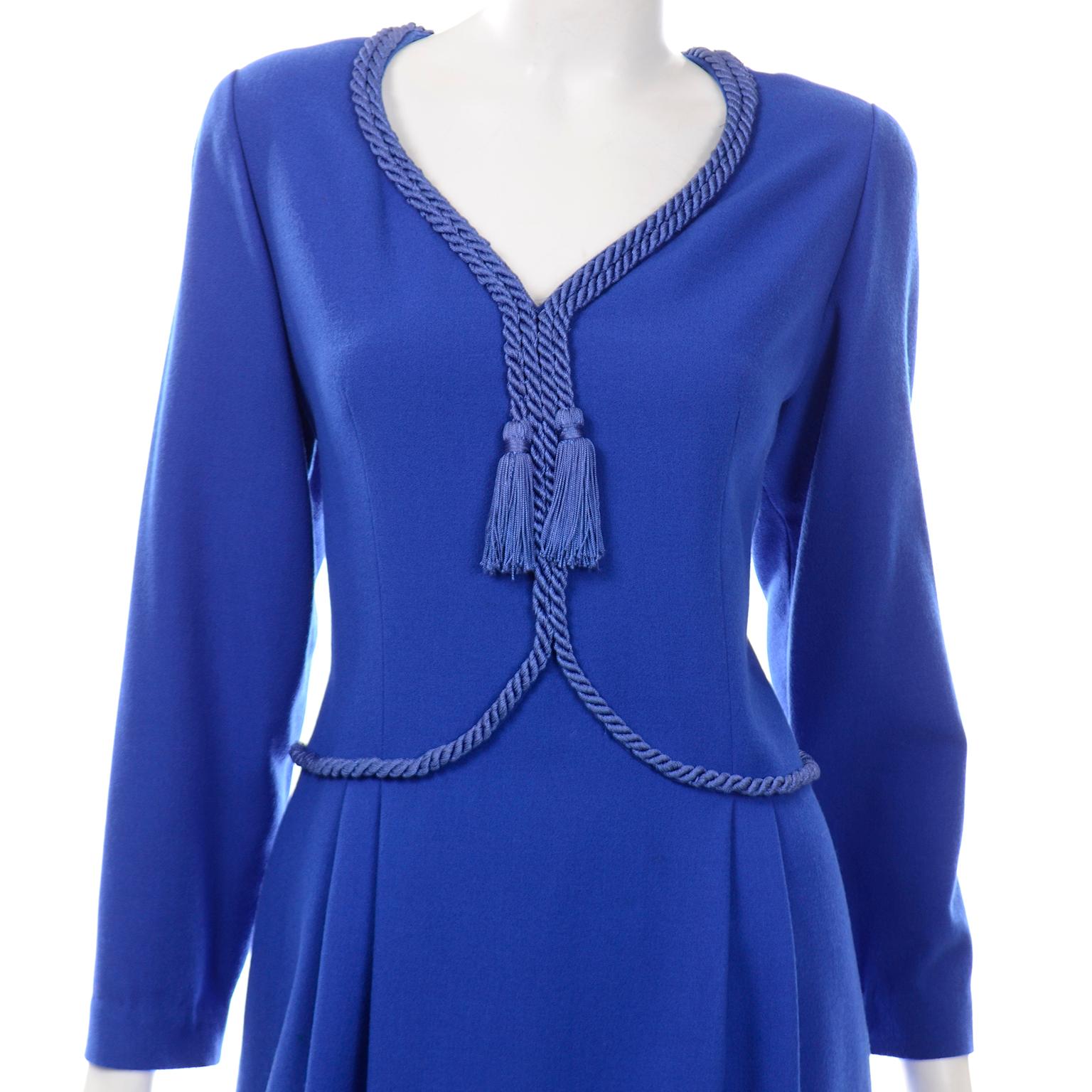 Valentino Blue Vintage Wool Crepe Dress With Rope and Tassel Details For Sale 2