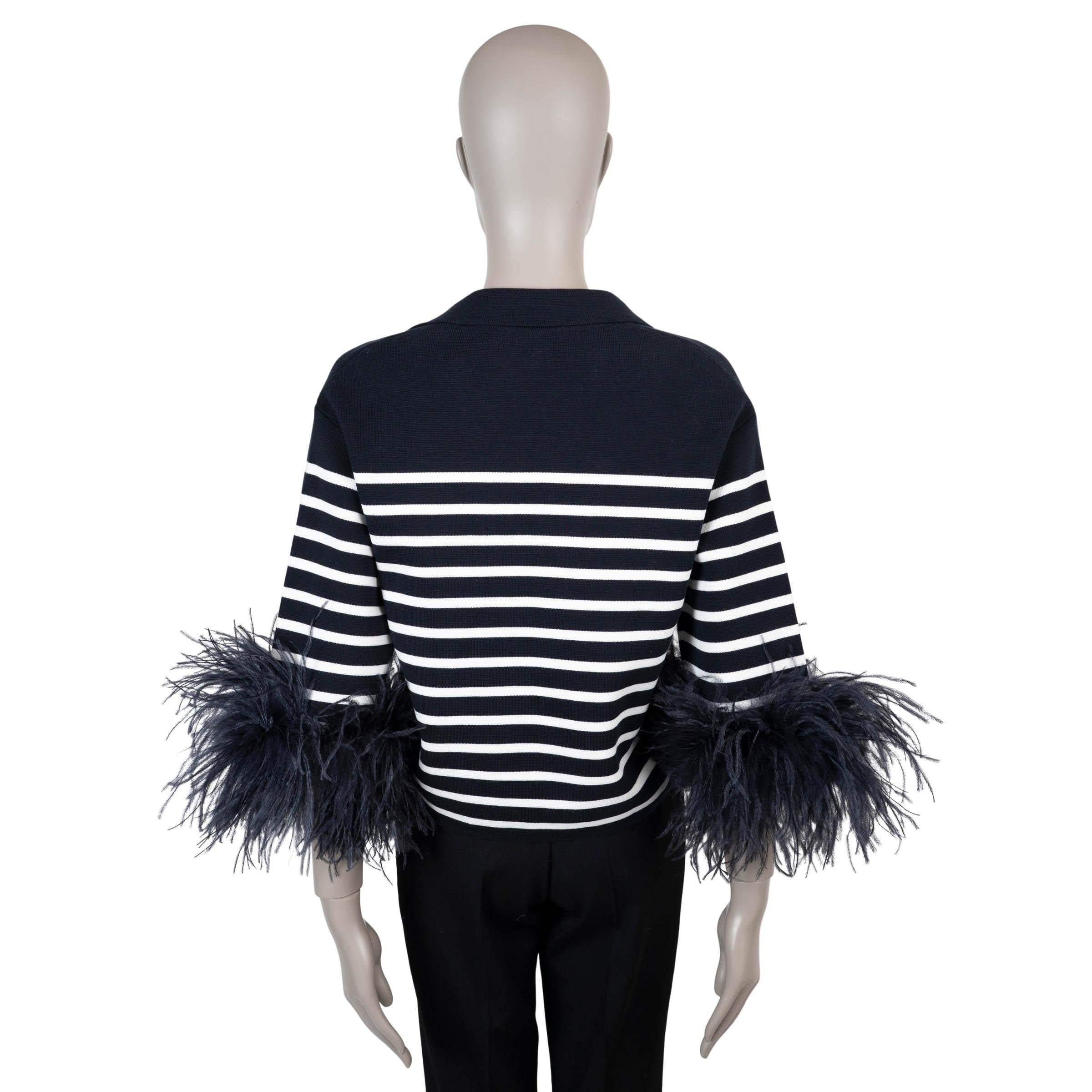 Noir Pull VALENTINO bleu et blanc en coton 2024 STRIPED FEATHER TRIM S en vente