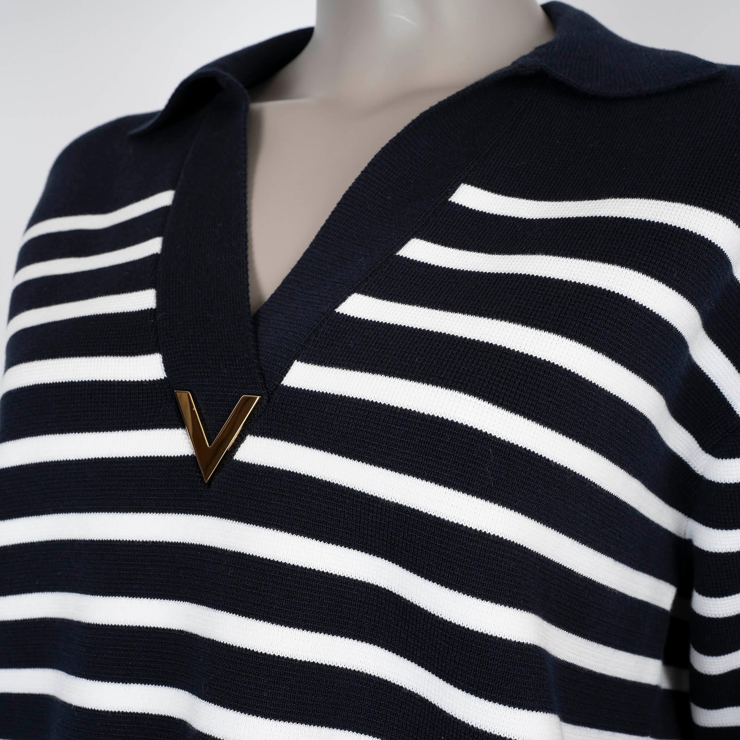 Pull VALENTINO bleu et blanc en coton 2024 STRIPED FEATHER TRIM S Pour femmes en vente