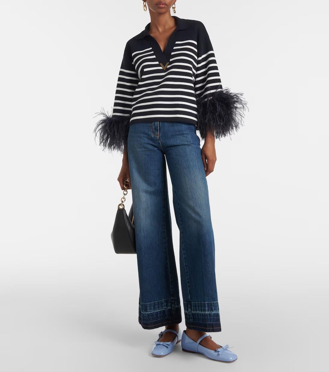 Pull VALENTINO bleu et blanc en coton 2024 STRIPED FEATHER TRIM S en vente 3