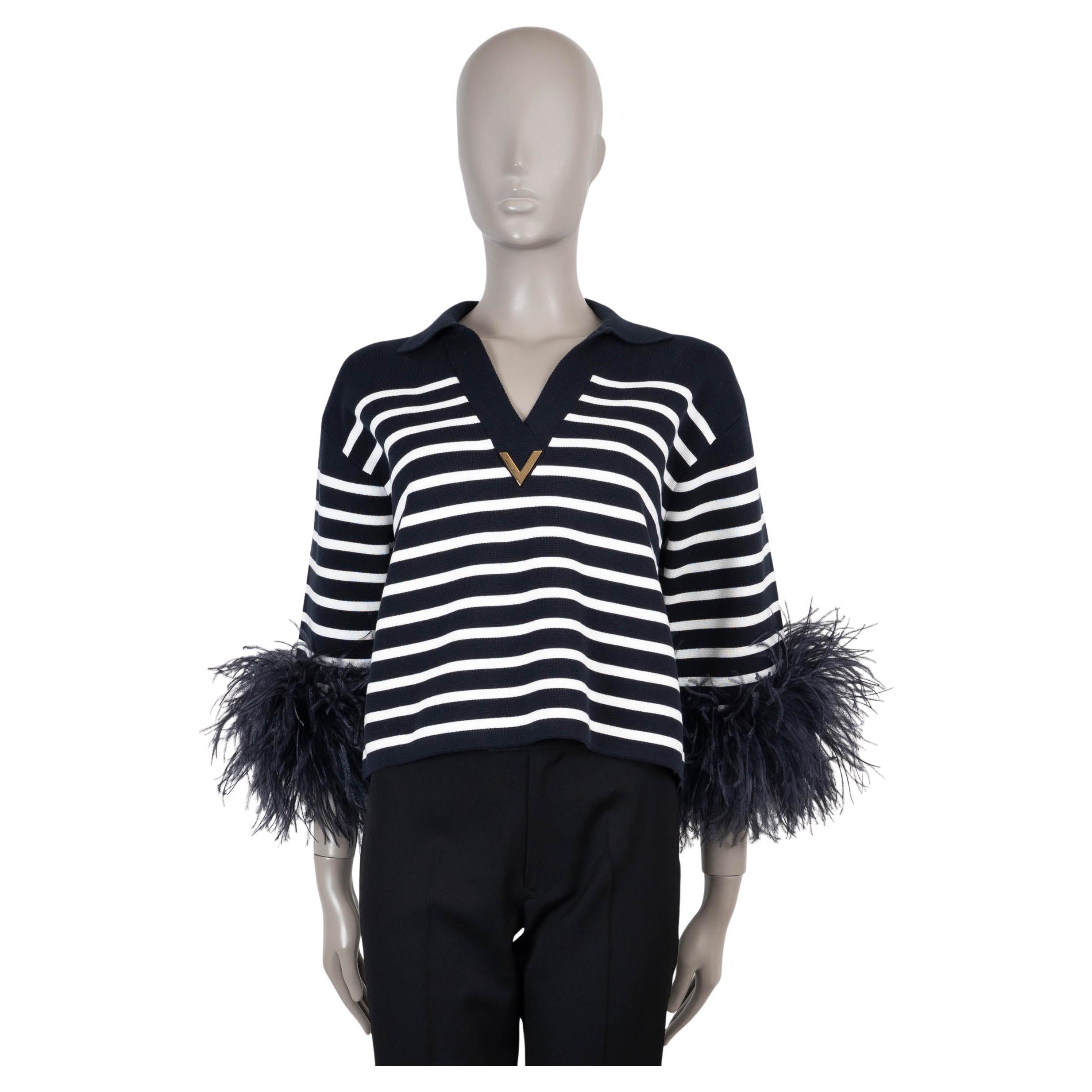 Pull VALENTINO bleu et blanc en coton 2024 STRIPED FEATHER TRIM S