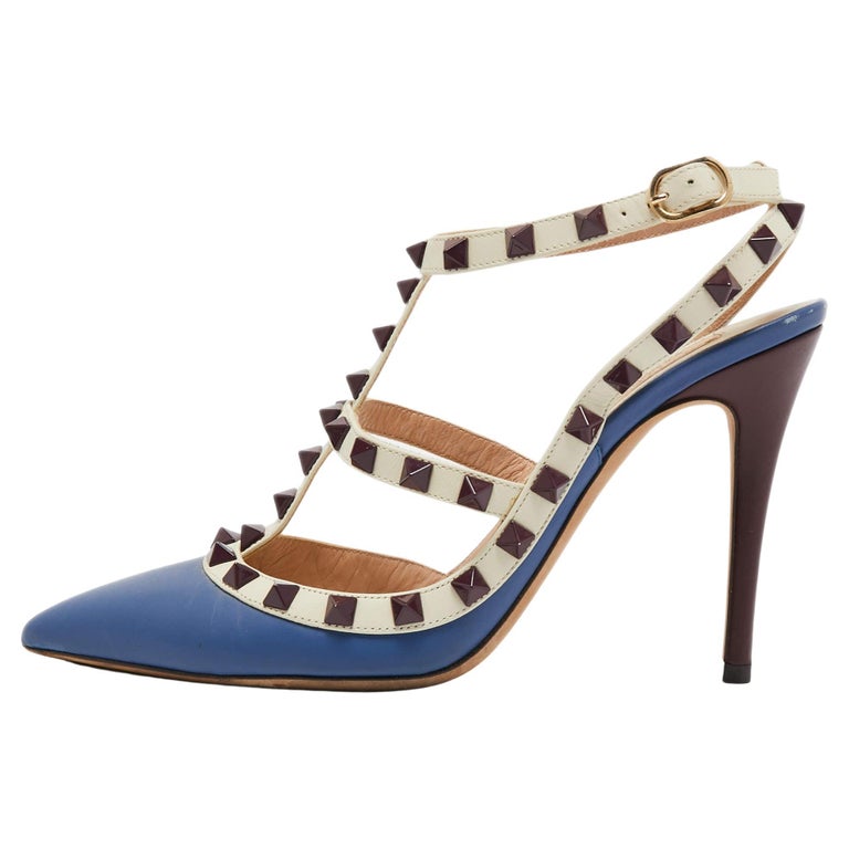 Blue/White Leather Rockstud Ankle Pumps Size 36 For Sale at 1stDibs
