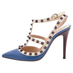 Valentino Blue/White Leather Rockstud Ankle Strap Pumps Size 37
