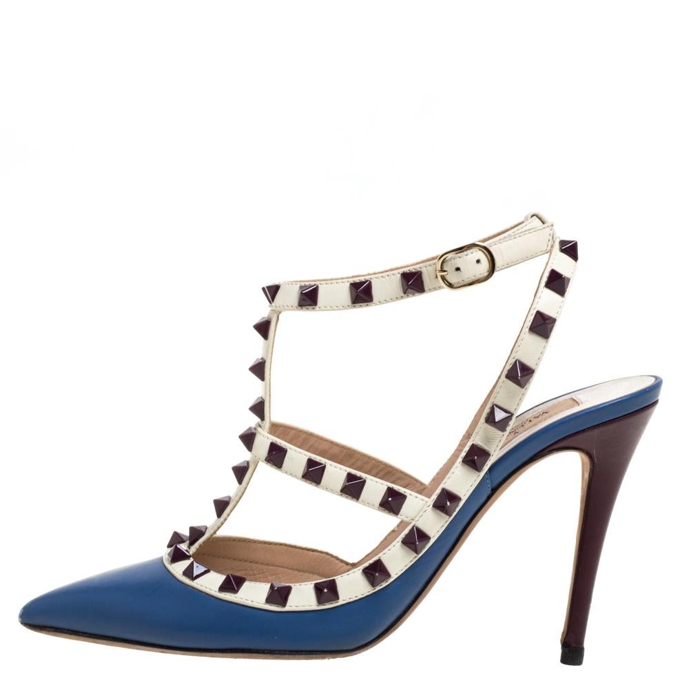 Instantly recognizable, the Rockstud sandals from Valentino are one of the most iconic styles from the brand. These blue and white sandals have been crafted from leather and styled with the signature Rockstud accents on the straps. They are complete