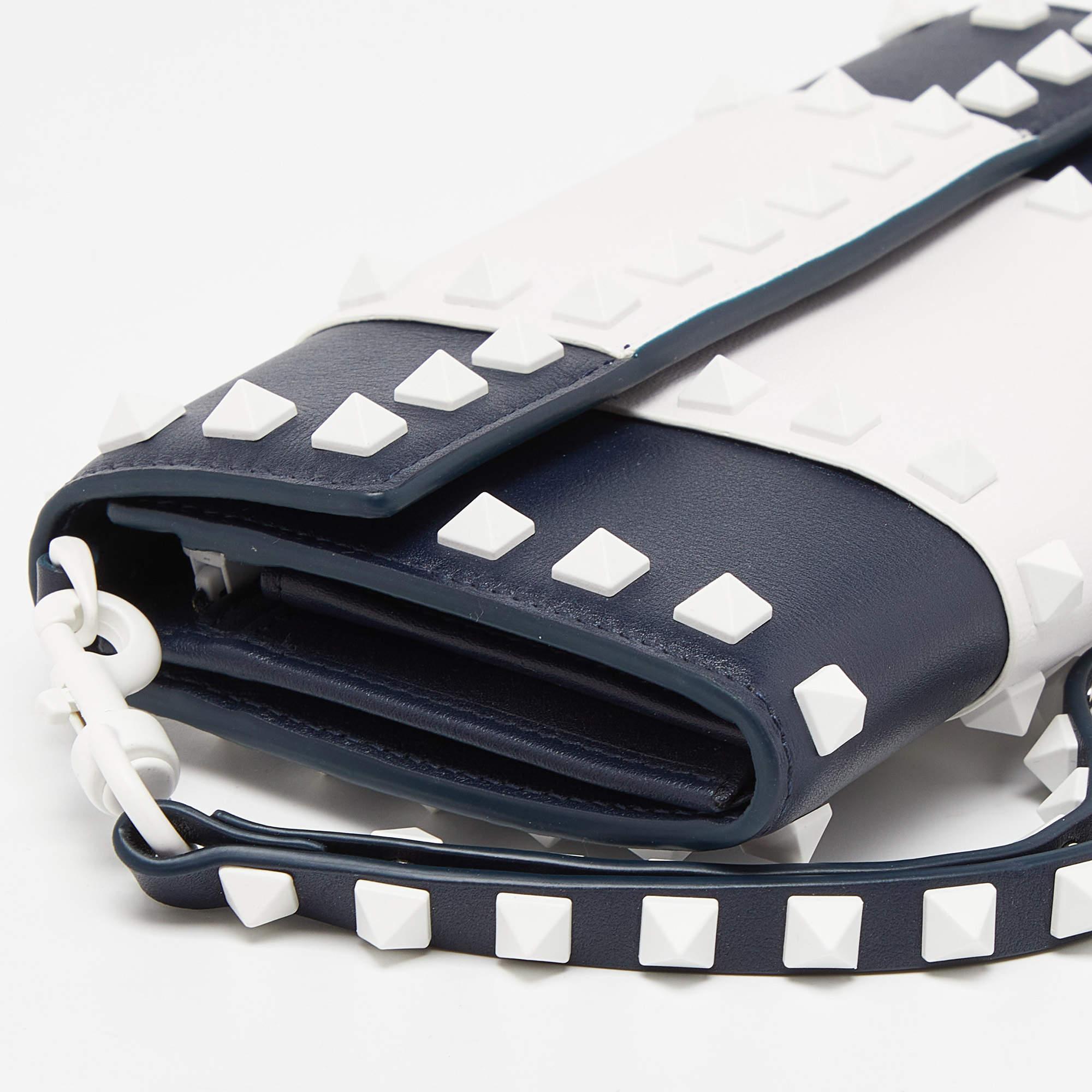 Valentino Blue/White Leather Rockstud Flap Wristlet Continental Wallet 6