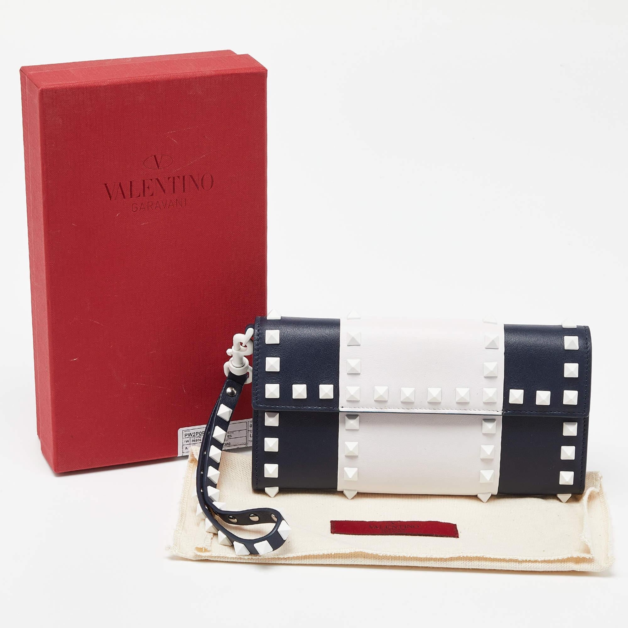 Valentino Blue/White Leather Rockstud Flap Wristlet Continental Wallet 1