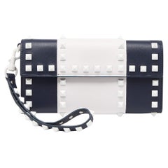 Valentino Blue/White Leather Rockstud Flap Wristlet Continental Wallet