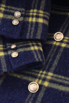 Valentino Blue Yellow Alpaca Wool Check Double Breasted Coat