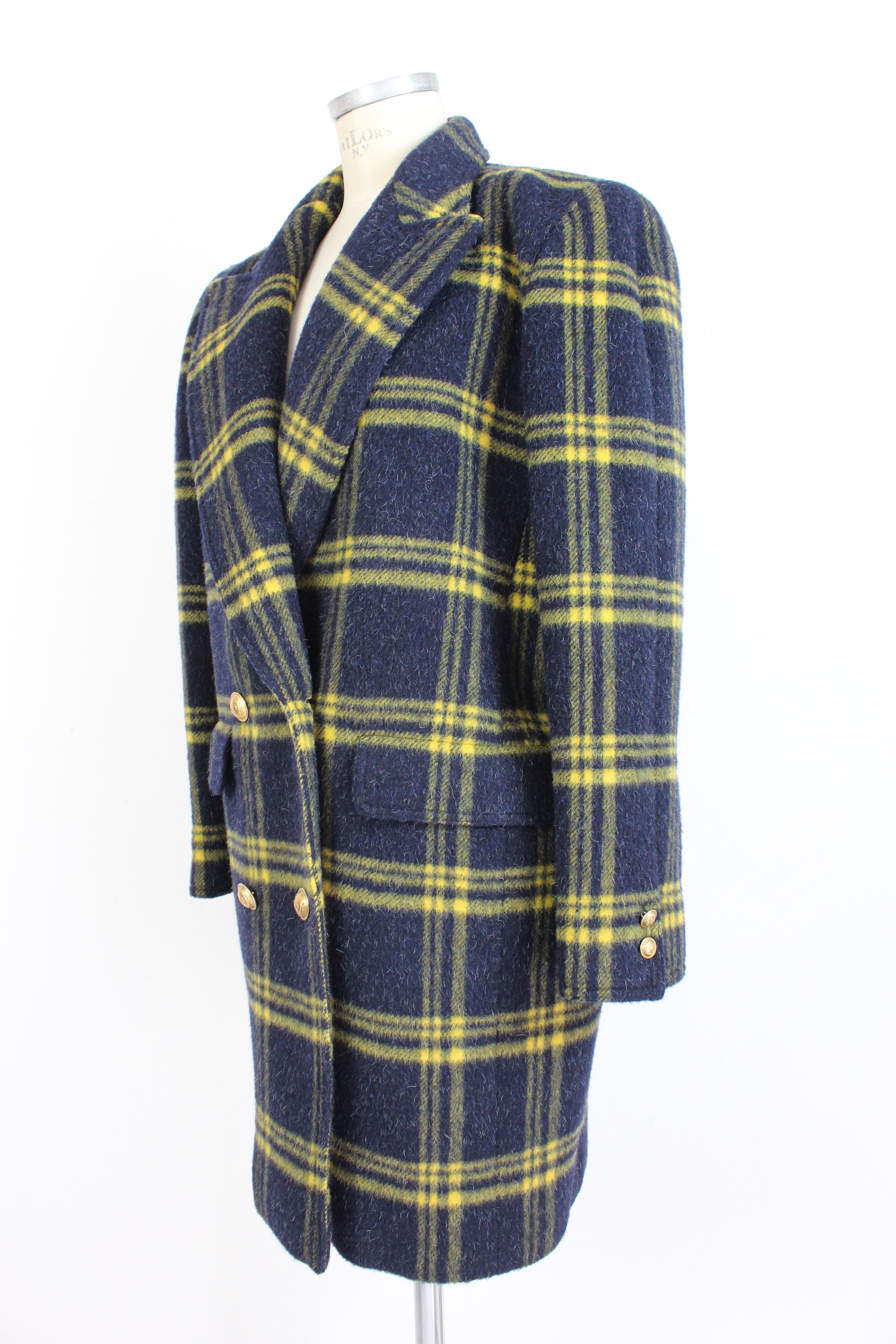 Black Valentino Blue Yellow Alpaca Wool Check Double Breasted Coat For Sale