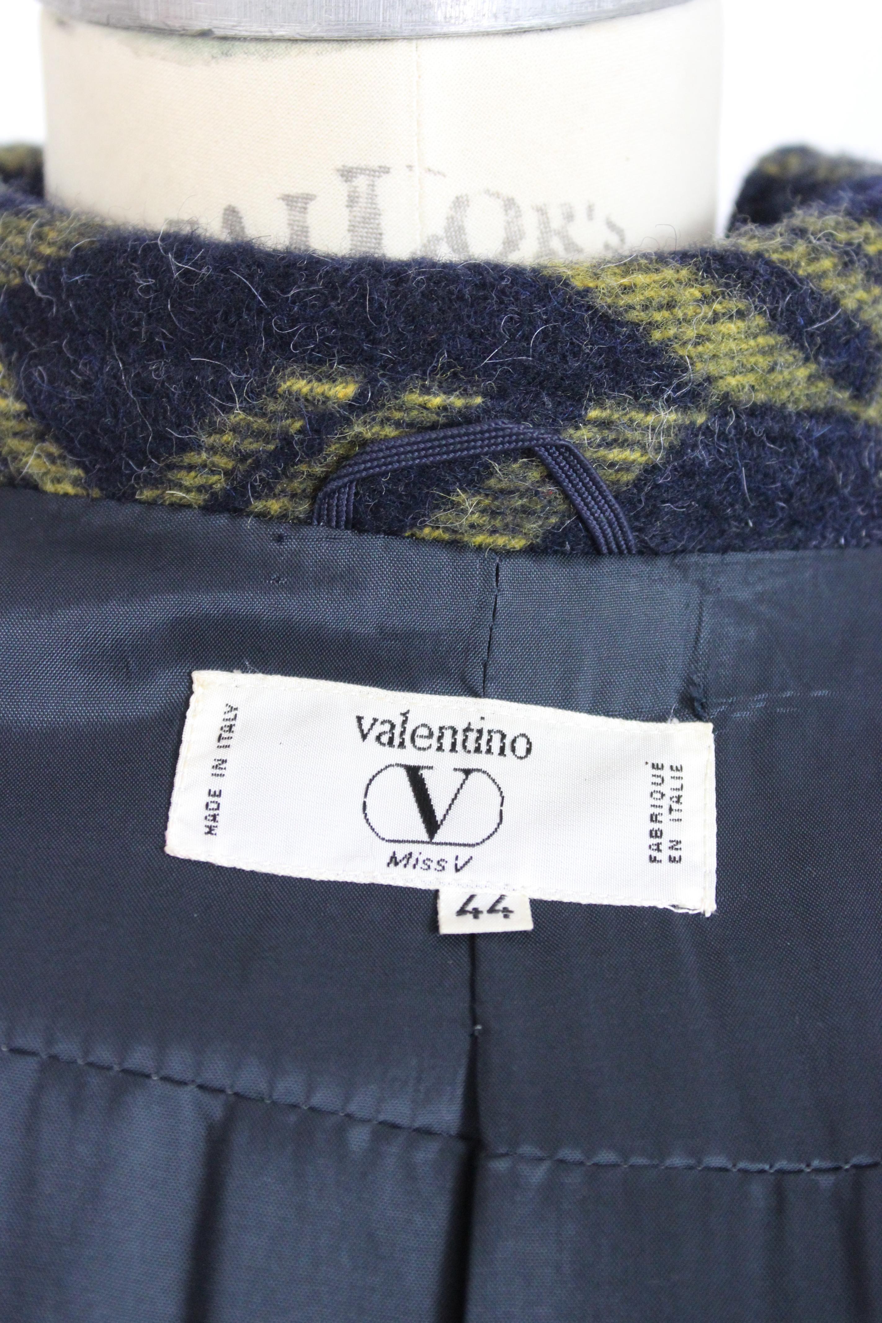 Valentino Blue Yellow Alpaca Wool Check Double Breasted Coat For Sale 1