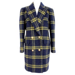 Valentino Blue Yellow Alpaca Wool Check Double Breasted Coat