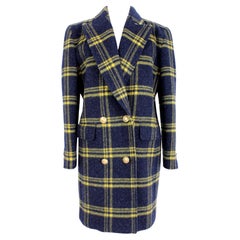 Retro Valentino Blue Yellow Alpaca Wool Check Double Breasted Coat