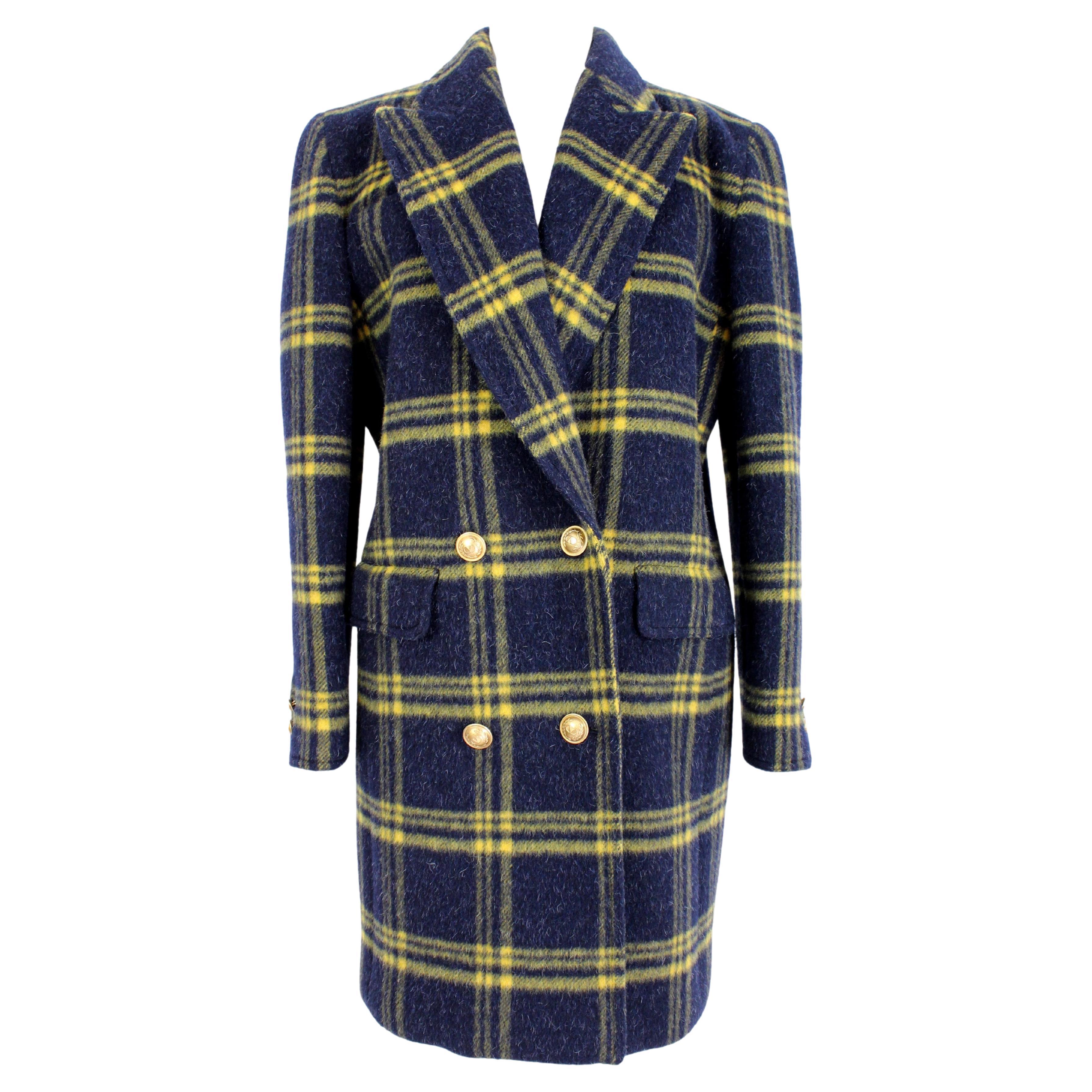 Valentino Blue Yellow Alpaca Wool Check Double Breasted Coat