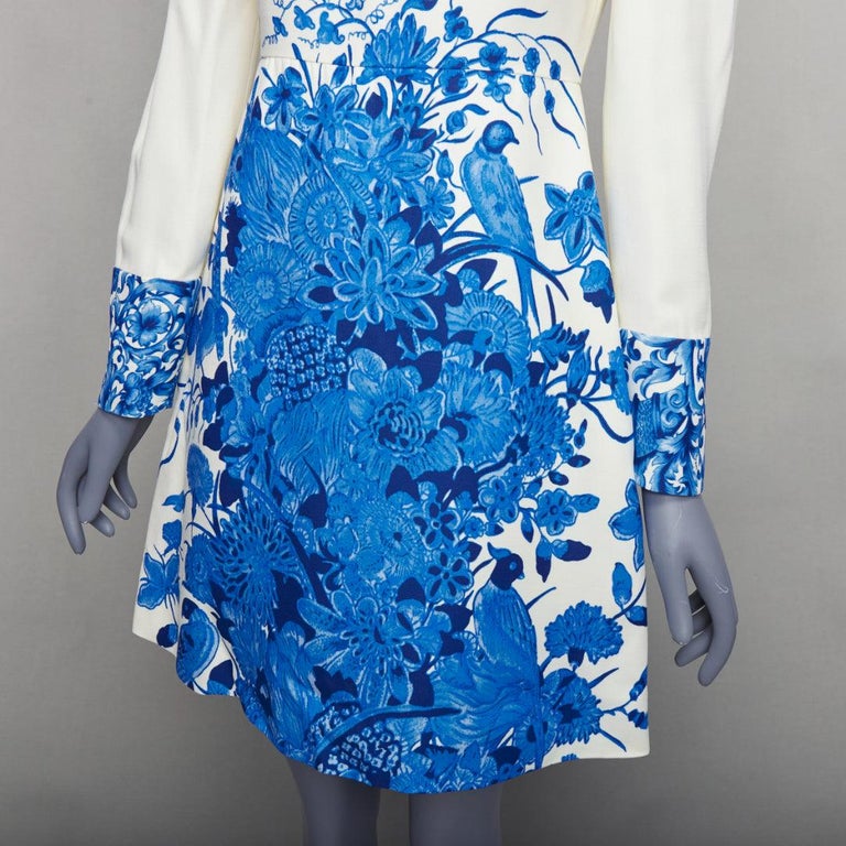 VALENTINO Bluegrace Bouquet cream blue wool crepe floral A-line dress IT40 S VALENTINO Bluegrace Bouquet cream blue wool crepe floral A-line dress IT40 S