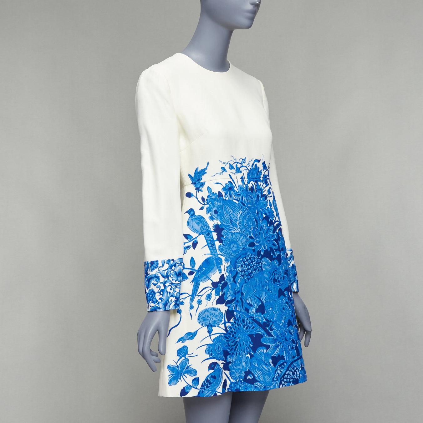Women's VALENTINO Bluegrace Bouquet cream blue wool crepe floral A-line dress IT40 S
