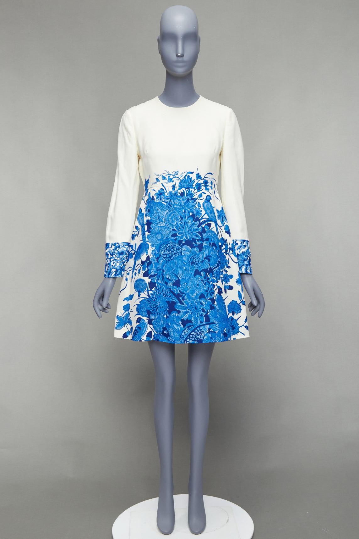 VALENTINO Bluegrace Bouquet cream blue wool crepe floral A-line dress IT40 S 6