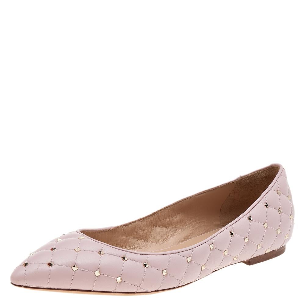 Women's Valentino Blush Pink Quilted Leather Rockstud Pointed Toe Ballet Flats Size 39.5