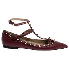 Valentino Bordeaux Leather Rockstud Ankle Strap Ballet Flats Size 39.5