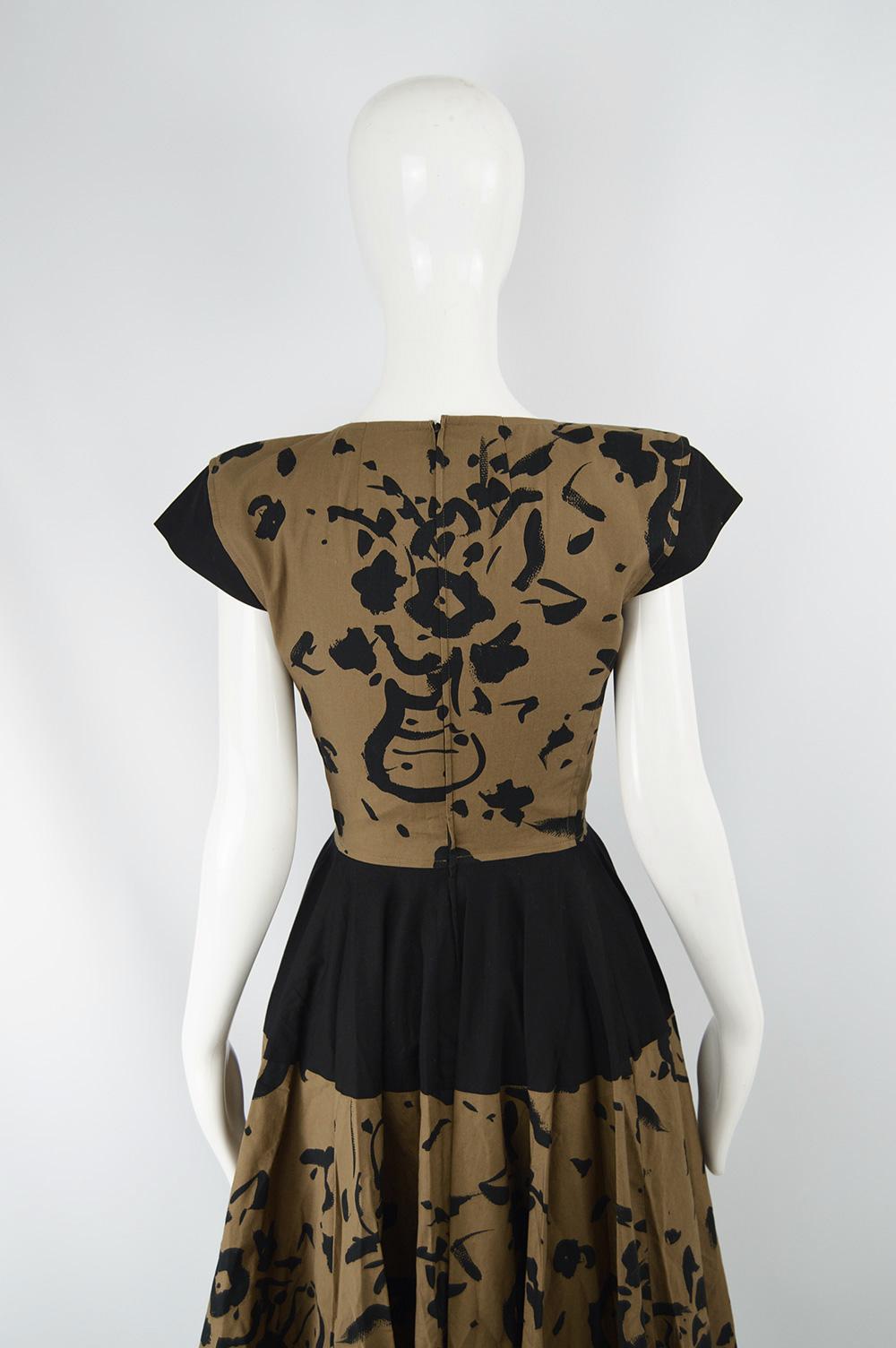 Valentino Boutique 1980s Vintage Brown & Black Abstract Print Circle Dress  6