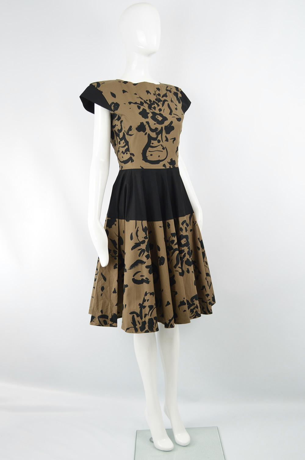 Valentino Boutique 1980s Vintage Brown & Black Abstract Print Circle Dress  2