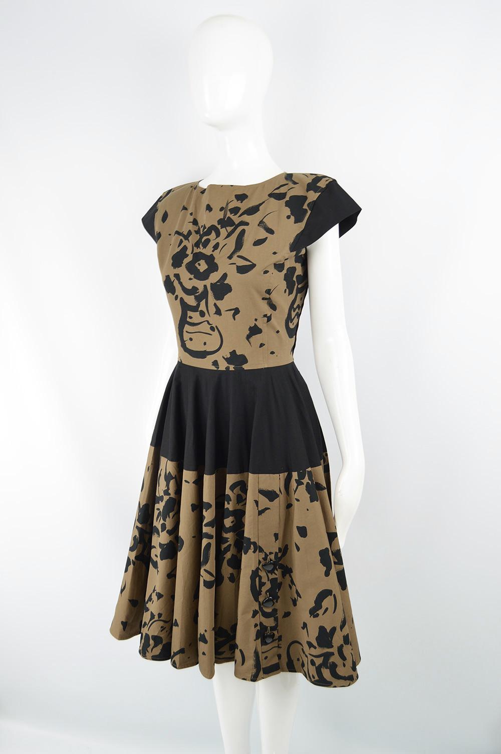 Valentino Boutique 1980s Vintage Brown & Black Abstract Print Circle Dress  5