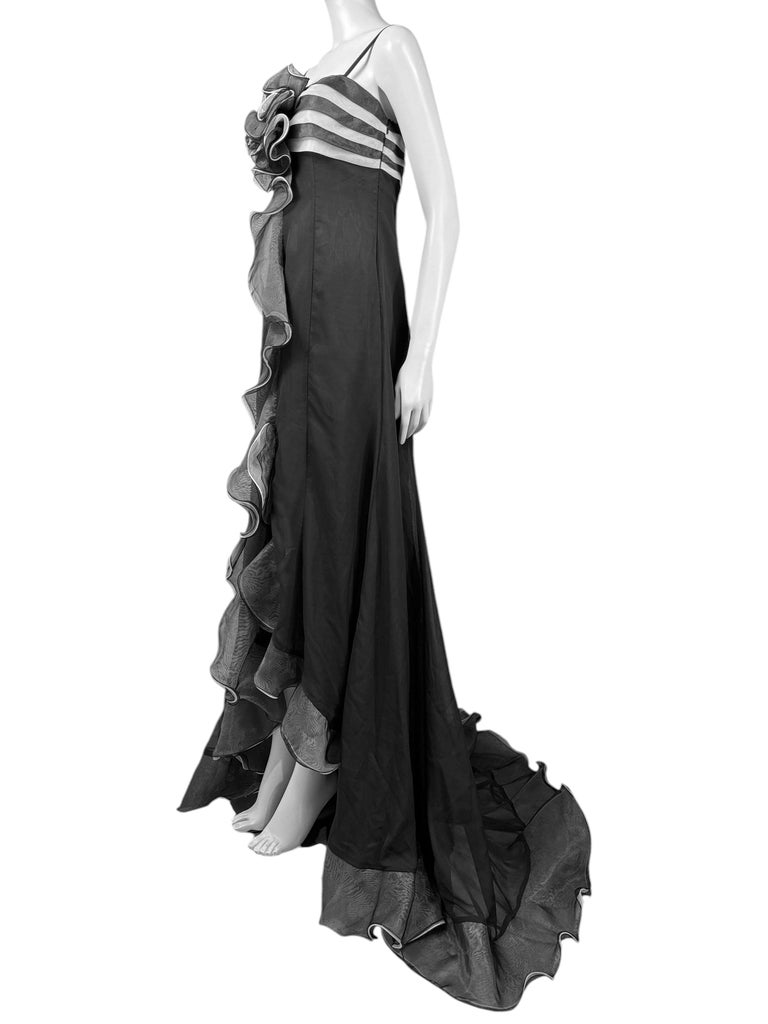 Valentino Boutique 1990 black white ruffle organza maxi dress For Sale at 1stDibs