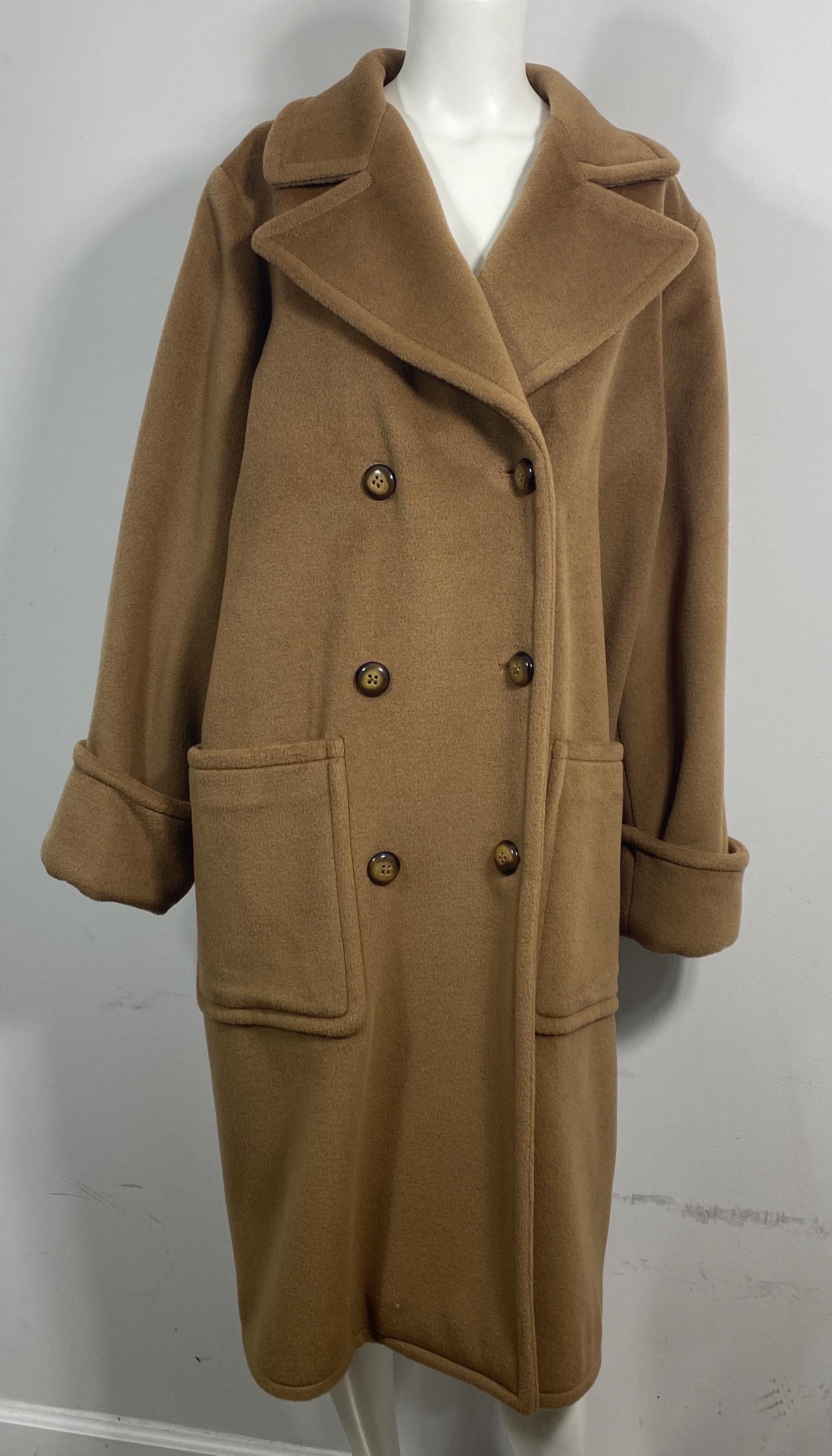 Valentino Boutique 1990’s Tan Cashmere and Wool Oversized Coat - Size 10  This fully lined fantastic 90’s double breasted cashmere coat is perfect for todays 90’s oversized fashion trend, it is made of a very soft cashmere/wool blend , has 6 front